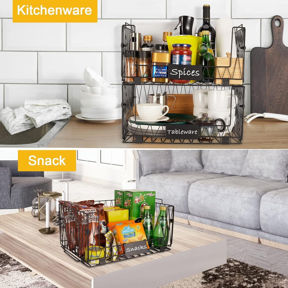 2 PACKS XXL Kitchen Organization and Storage Pantry Baskets, Fruit & Vegetable Basket for Kitchen Cabinet, Stackable Wire Metal Baskets for Snack Chips Onion Potato Cans