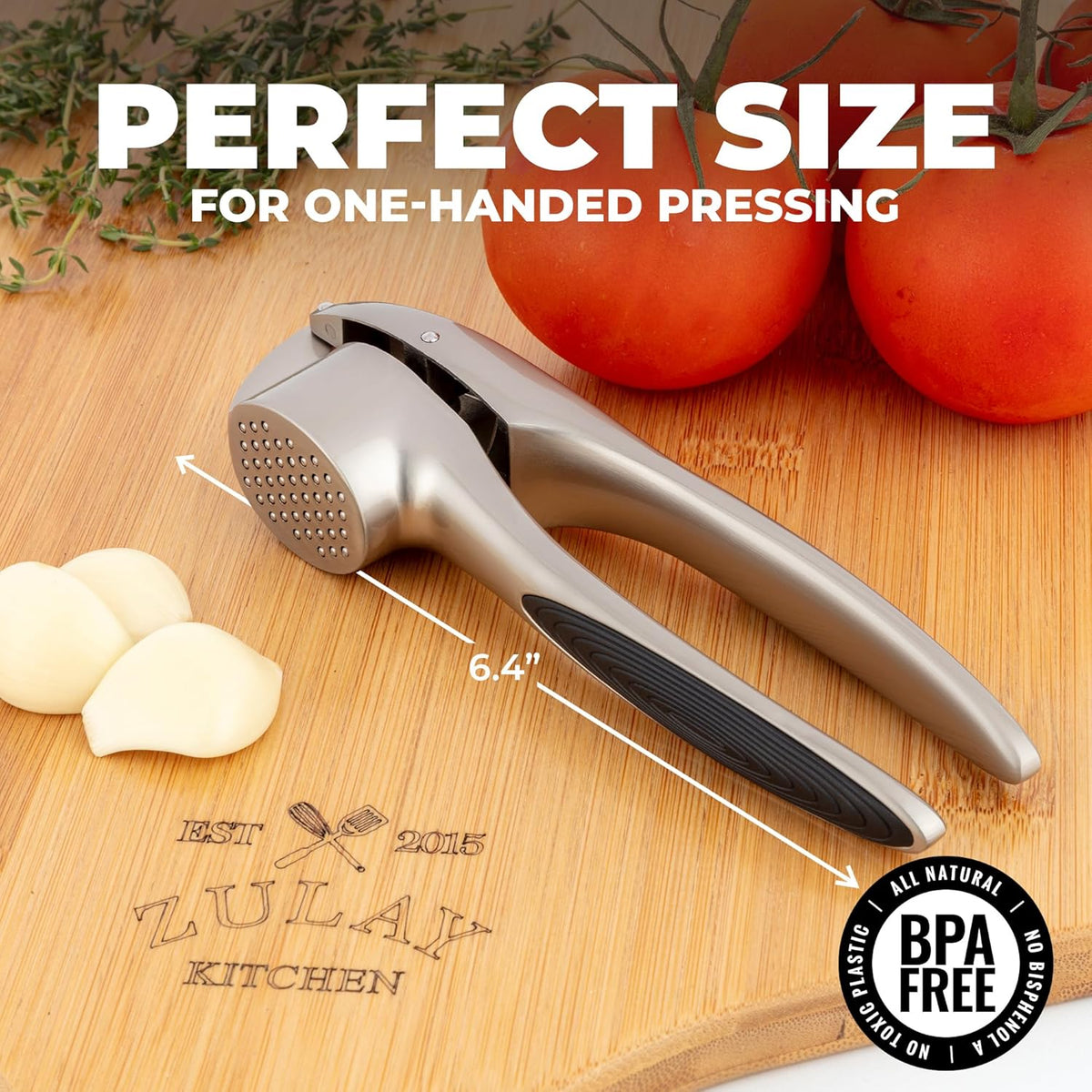 Zulay Kitchen Large Premium Garlic Press Set – Rust Proof & Dishwasher Safe, Bigger Bowl Garlic Mincer Tool with Silicone Garlic Peeler & Brush, Easy Squeeze & Clean, Ergonomic Handle - Silver