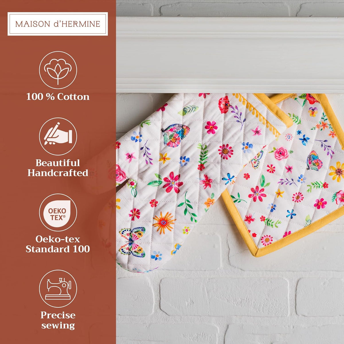 Maison d' Hermine 100% Cotton Oven Mitt & Pot Holder Set (7.5"x13" & 8"x8") Heat Resistant BBQ Cooking Gloves with Loop, Grilling, Kitchen, Handling Hot Pans Spring/Summer (Happy Florals - Sweety)