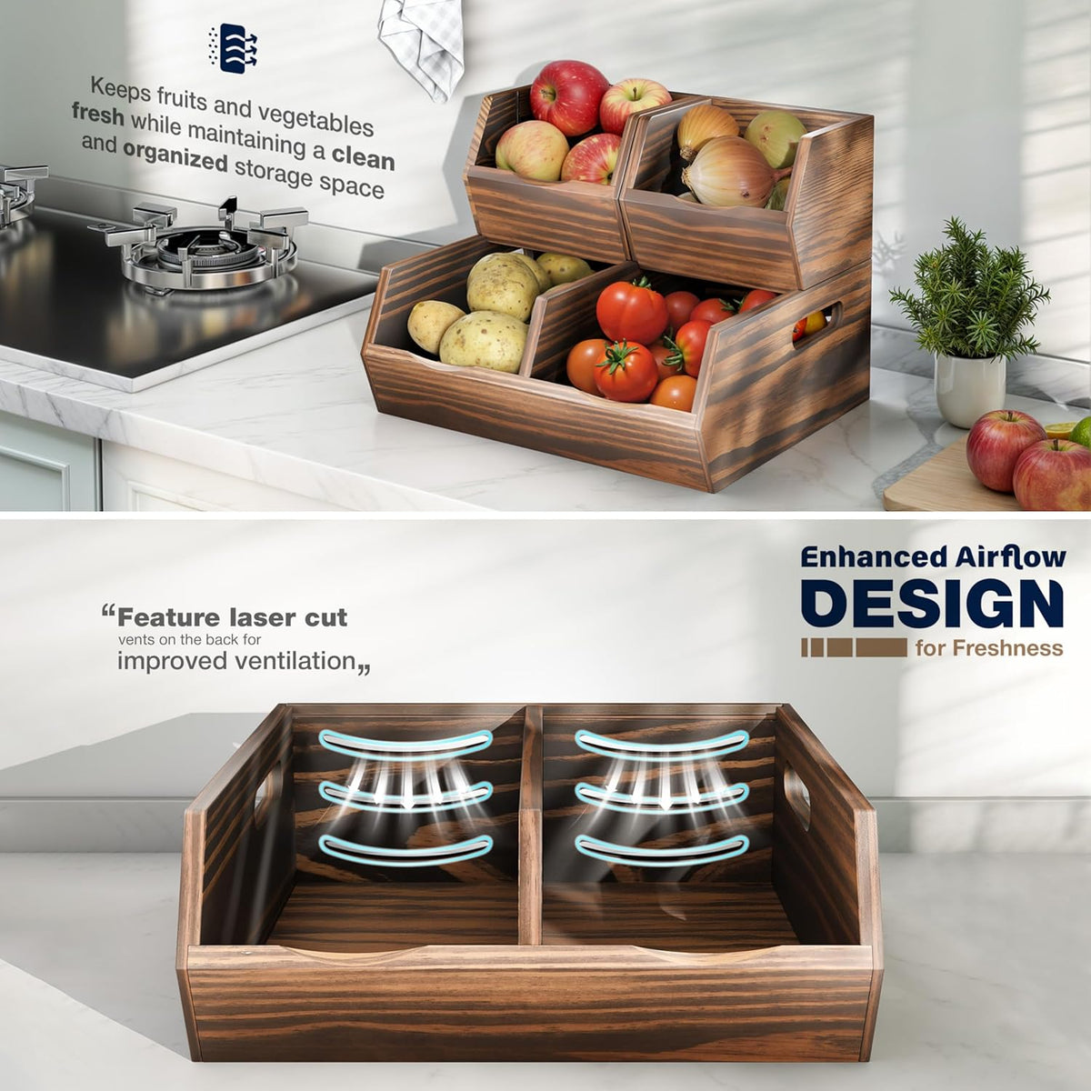 Acacia Wood Pantry Storage Bins – Stackable Open Front Kitchen Baskets for Potato, Onion, Fruit, Bread & More – Rustic Wooden Basket for Pantry (Walnut - Pine Wood)