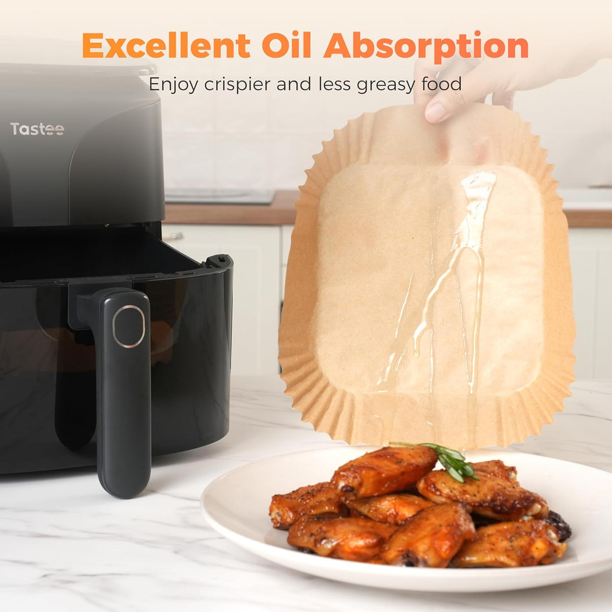 Tastee Air Fryer Liners 100Pcs - Design for 3-6QT Air Fryer Baskets, Oil-Absorbent Disposable Paper Liners, 450°F Heat Resistant, Custom Fit