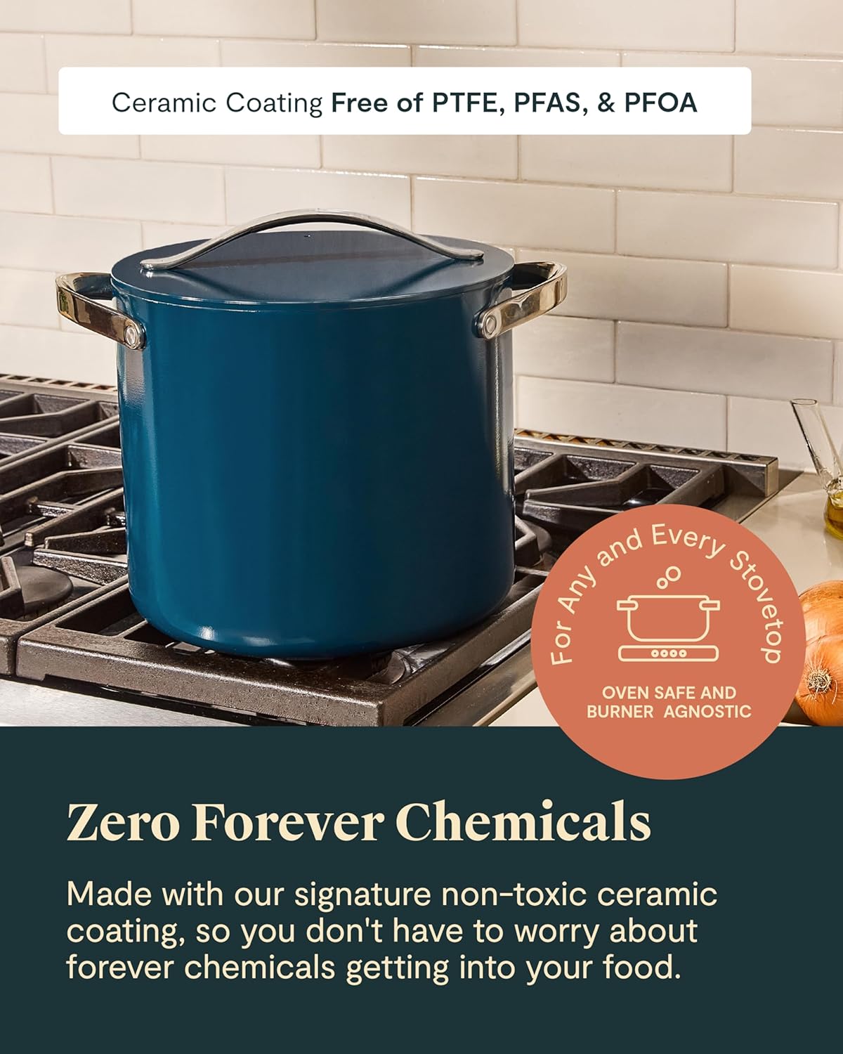 Caraway Stock Pot - 12 Qt Ceramic Coated With Lid - Free From Forever Chemicals - Large for Bigger Batches - Navy