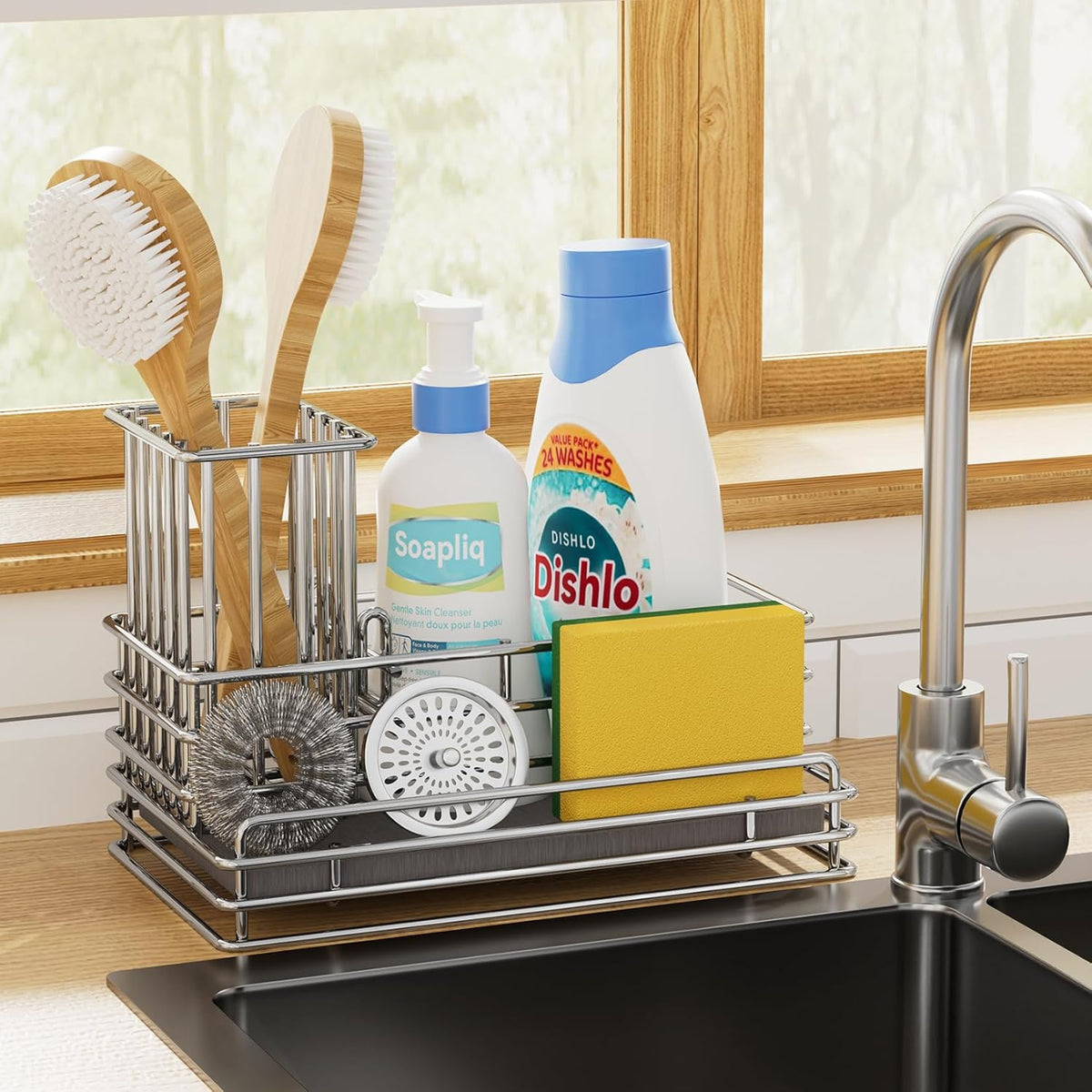 Yofidra Kitchen Sink Caddy with Instant Drying Stone, Metal Stainless Steel Dish Sponge Holder Basket for Sponges, Scrubbers, Soap, 9.5" X 5.5" X 5.7" Sink Box Organizer