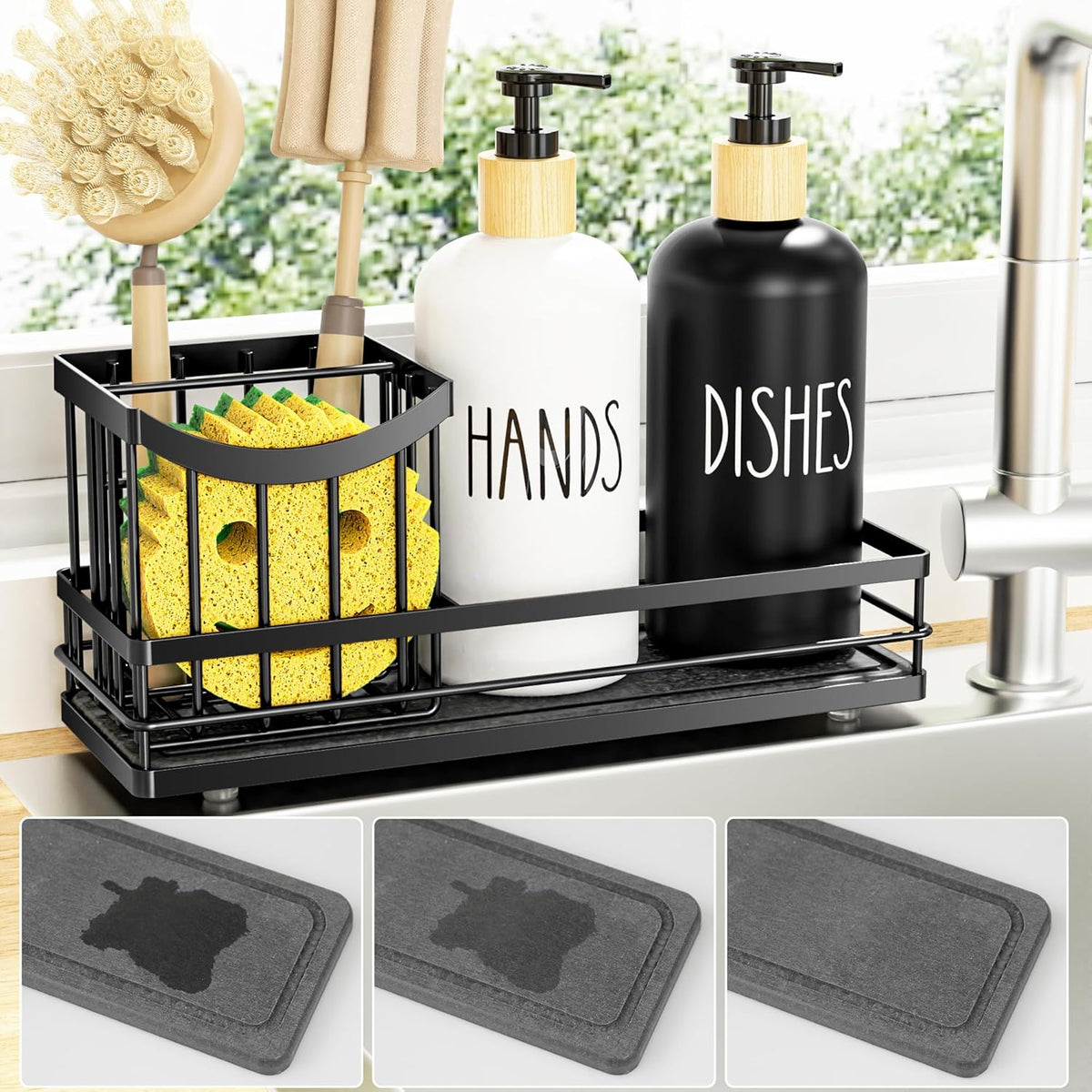 Moforoco Kitchen Dish Soap Dispenser Set, 16OZ Glass Bottle, Hand and Dish Soap Dispenser Set, Instant Dry Tray, Non-Slip Silicone Pad, Brush Holder with Sponge Holder, Kitchen Decor