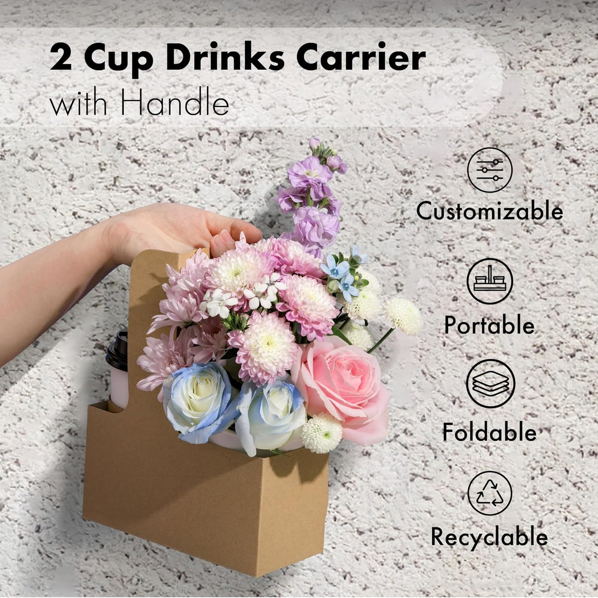 FMP Brands 2 Cup Disposable Drink Carrier with Handle, 15 Pack Kraft Paperboard Handled Drink Carriers 12-30 oz to Go Coffee Cup Holder, Cup Carrier for Cold Hot Drinks, Takeout, Cafe