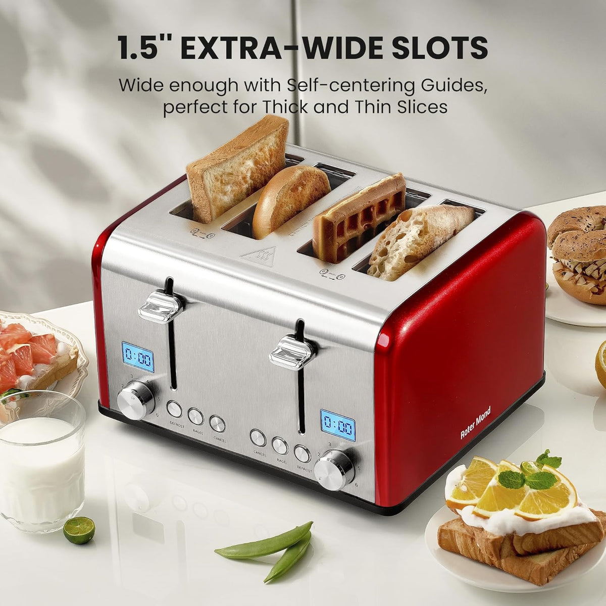 Countdown Stainless Steel 4 Slice Toaster with Bagel, Defrost, Cancel Function, Dual Toaster, Extra Wide Slots, 6 Shade Settings, Removable Crumb Trays, 1650W, Red