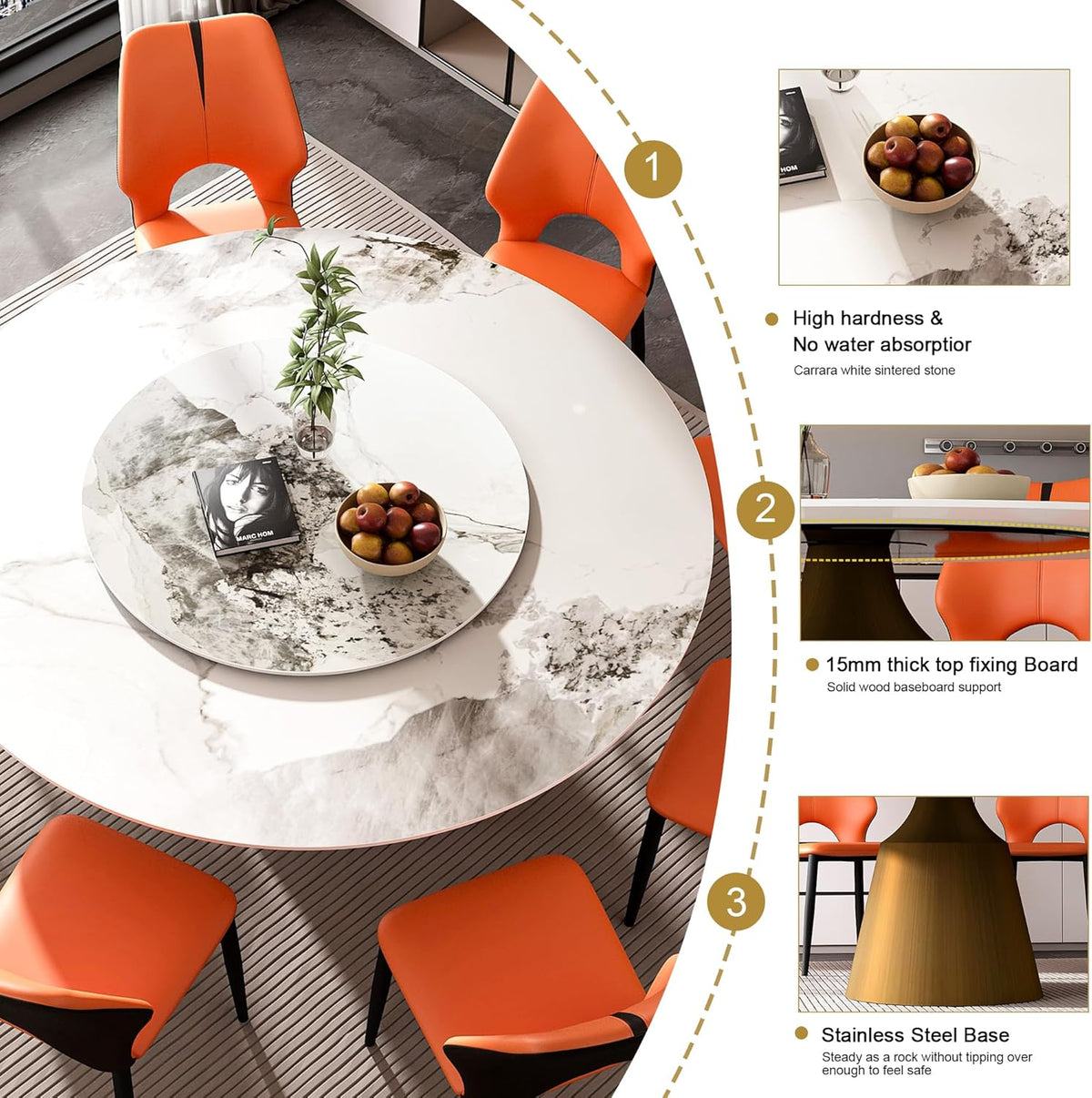 Montary 9 Piece Dining Table Chairs Set, Modern Dining Table Set of 8, Includes 59" D Marble Round Table with Bronzed Metal Cone Base, 8 Orange and Brown Dining Chairs for Home, Kitchen
