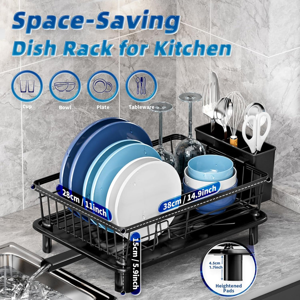 Dish Drying Rack, Stainless Steel Space-Saving Dish Rack, Dish Racks for Kitchen Counter, Kitchen Dish Drainers with Removable Utensil Holder,New Drain Outlet,Plate Rack and Drainboard, Black