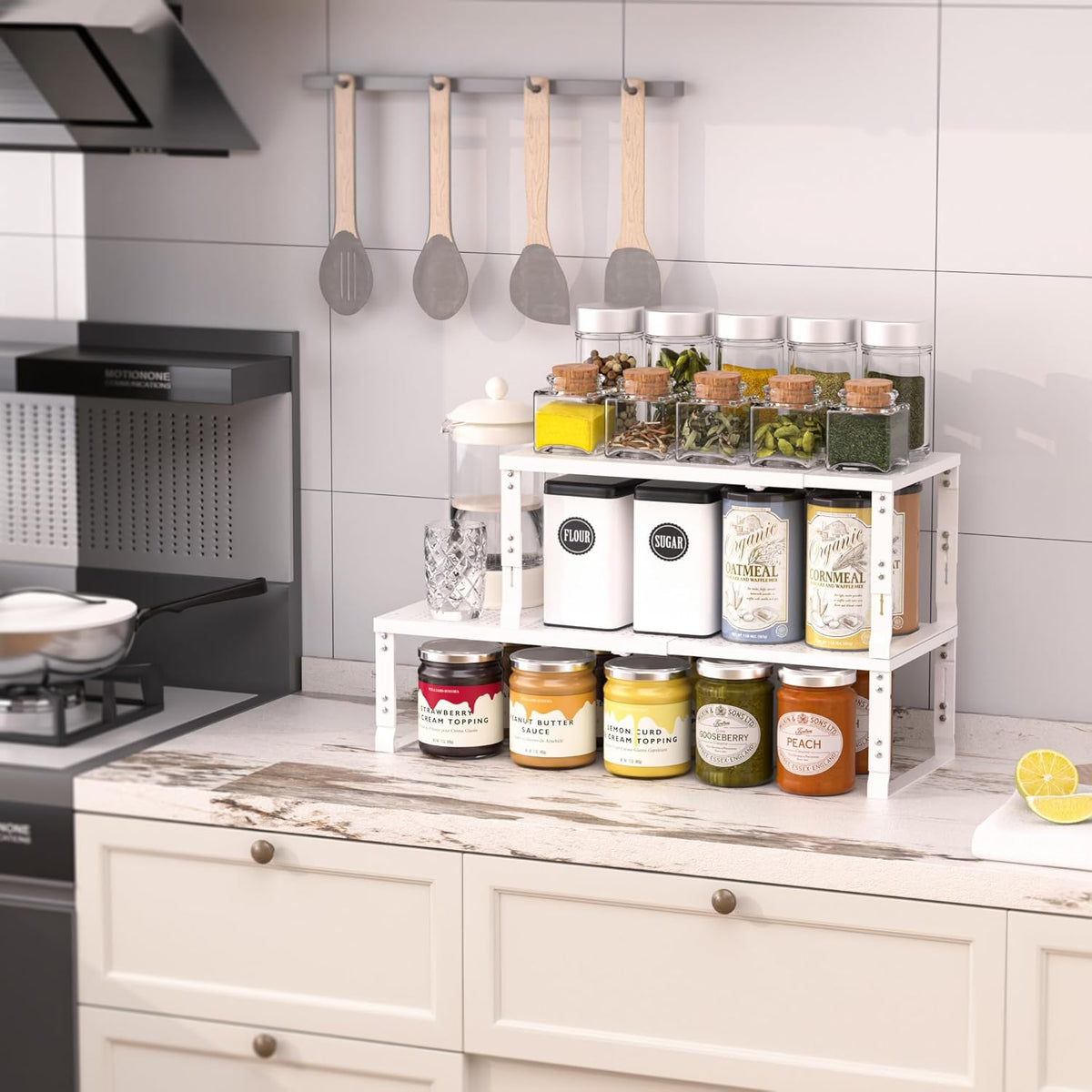 Heavy-Duty Adjustable Metal Shelf Organizer - Expandable & Stackable Pantry Storage Rack for Kitchen, Bathroom, RV, Cabinets(3 Packs/White,Medium)