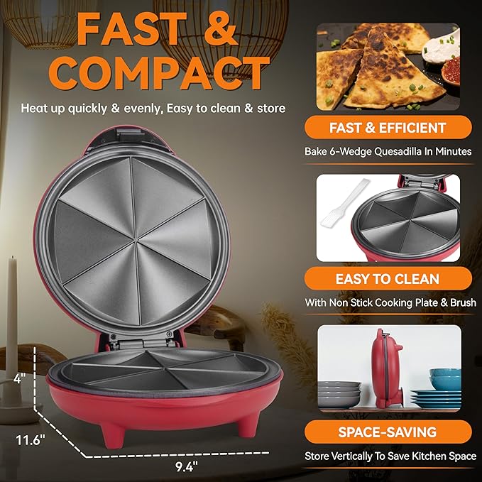 Baker's Friend Electric Quesadilla Maker with Extra Stuffing Design, 9.5 Inch with Easy Slice 6 Wedge, Non Stick Surface, Non-Slip Feet, Grilled Cheese Maker Machine, Red