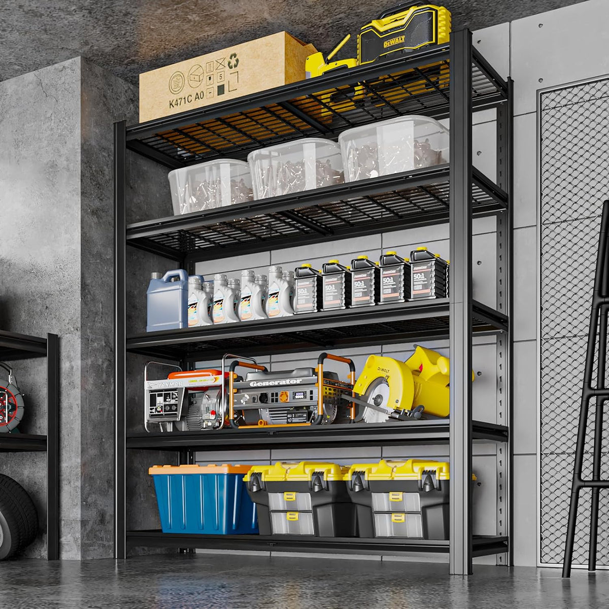 5 Tier Metal Shelving Unit, Adjustable Storage Shelves, 84" H x 47" W x 24" D Heavy Duty Garage Shelves for Warehouse, Basement, Kitchen, Pantry, Living Room, Black