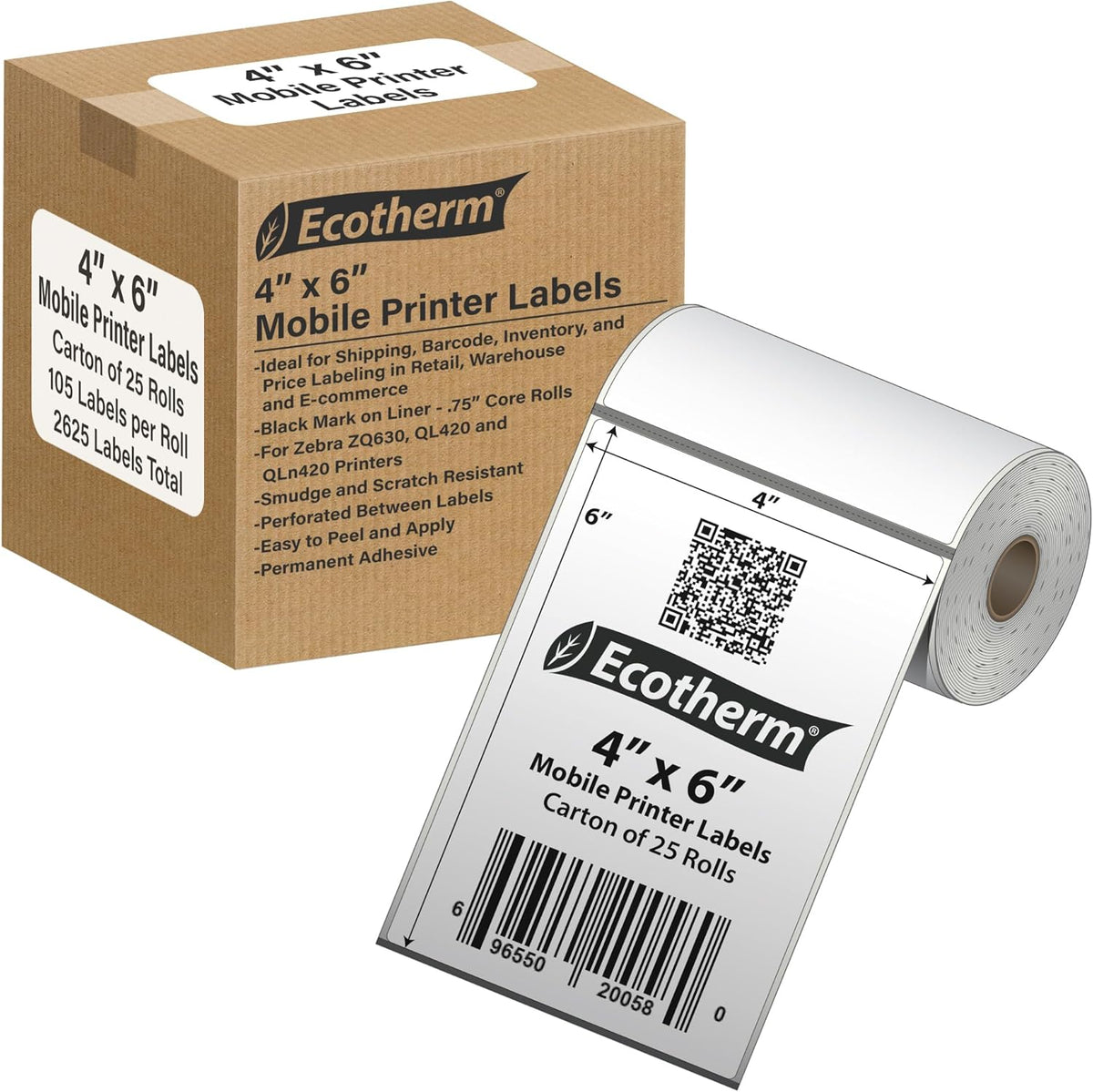 4" x 6" Mobile Printer Labels | 25 Rolls | 2625 Labels | fits Zebra ZQ630, QL420, and QLn420 Printers | Black Mark On Liner | .75" Core Rolls | by Ecotherm
