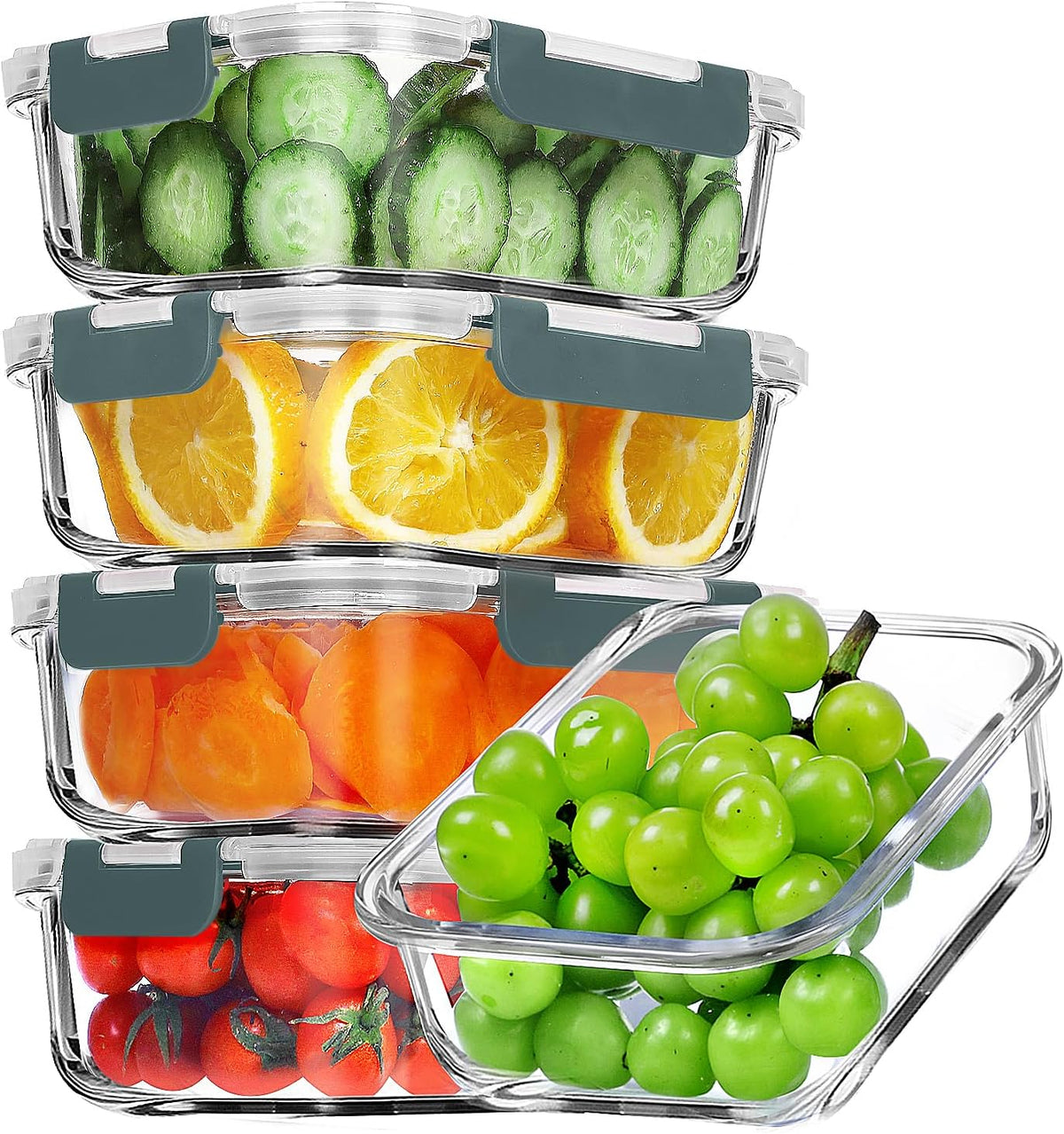 VERONES 5 Pack 36 OZ Glass Meal Prep Containers, Airtight Glass Lunch Containers Set, Glass Food Storage Containers with Lids,Exclusive of BPA, for Microwave, Oven, Freezer & Dishwasher Friendly,Grey