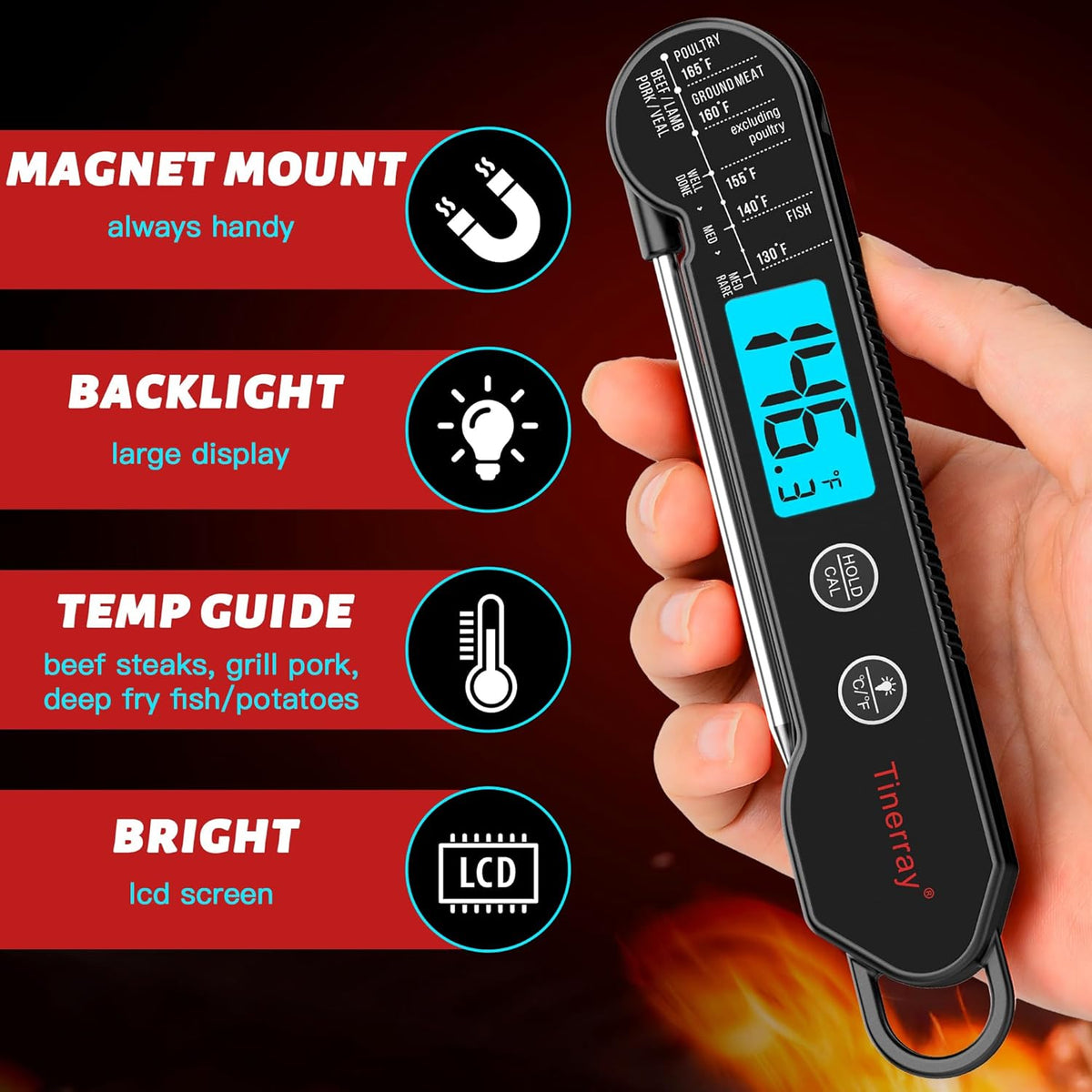 Digital Meat Thermometer for Cooking, Grilling & BBQ - Ultra-Fast Instant Read Thermometer with Waterproof Design,Backlight & Calibration - Perfect for Candy Making, Deep Frying, Turkey, Beef (Black)