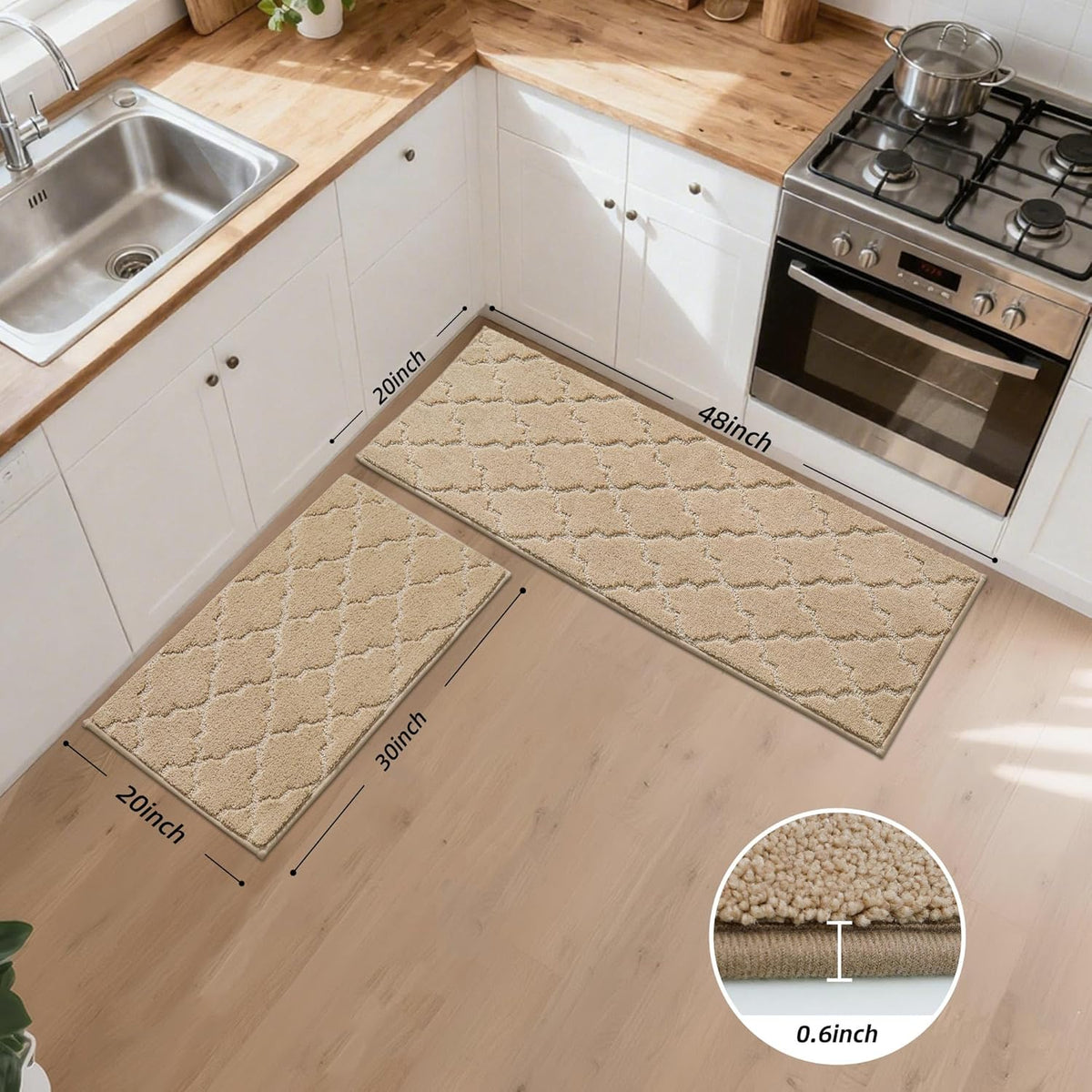 JSEI Kitchen Rugs, Non-Slip Kitchen Mats for Floor, Soft Washable Absorbent Kitchen Mats 2 Pieces, Kitchen Carpet Runner with TPR Backing, Polyester, 20”x32”+20”x48”, Beige