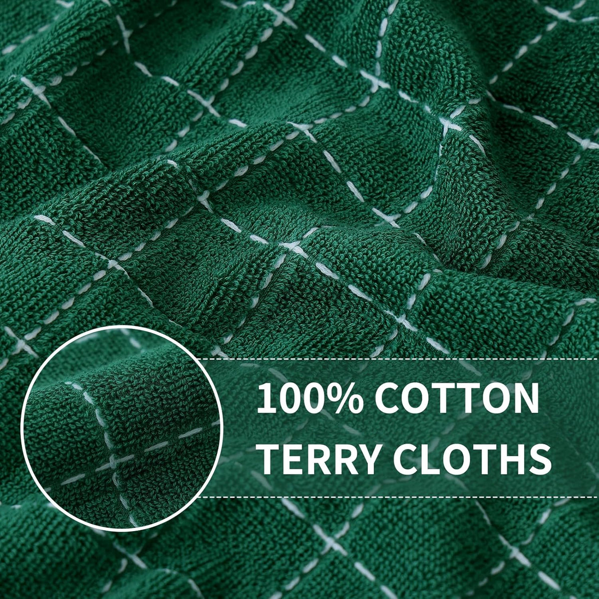 Homaxy 100% Cotton Terry Kitchen Towels(Dark Green, 13 x 28 inches), Checkered Designed, Soft and Super Absorbent Dish Towels, 6 Pack