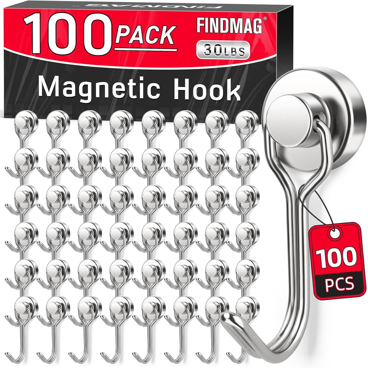 FINDMAG 100 Pack Magnetic Hooks, 30lbs+ Magnetic Hooks for Cruise Cabins, Heavy Duty Strong Neodymium Swivel Swing Hooks for Refrigerator, Grill, Home Supplies, Kitchen Organization - Silver