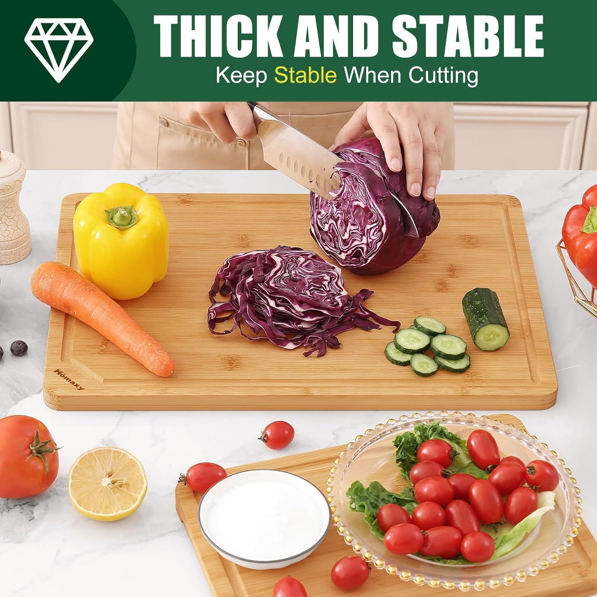 Homaxy Organic Bamboo Cutting Boards Set for Kitchen Set of 2, Wooden Cutting Board Set with Juice Groove and Handles, Charcuterie Serving Tray Wood Chopping Board Set for Meat Fruits & Vegetables