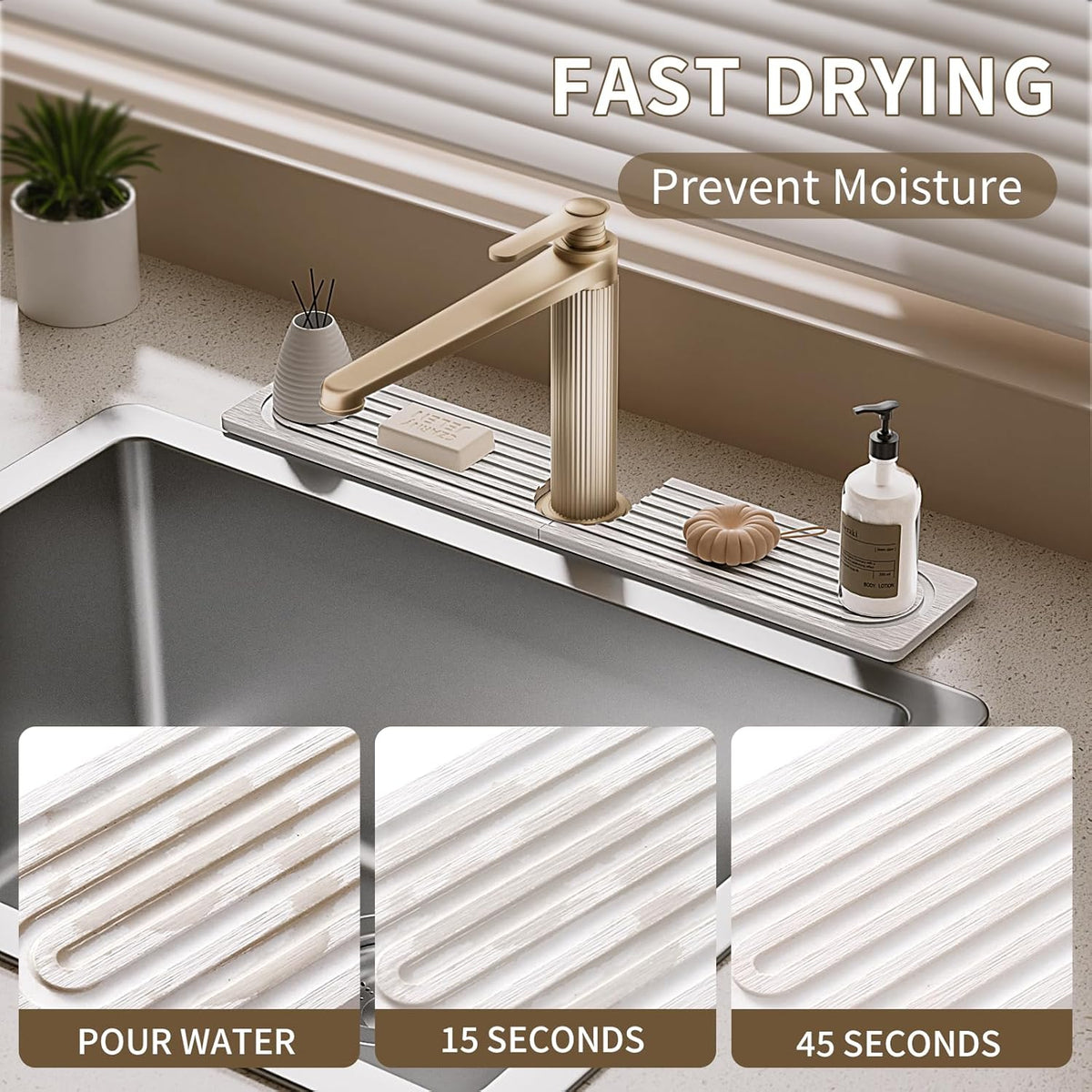 Faucet Mat for Kitchen Sink, Diatomite Stone Drying Sink Protectors, Bathroom Faucet Splash Guard, Quick Dry Water Absorbing, Non-Slip Stone Tray for Kitchen Counter, White, 20" x 3.9"