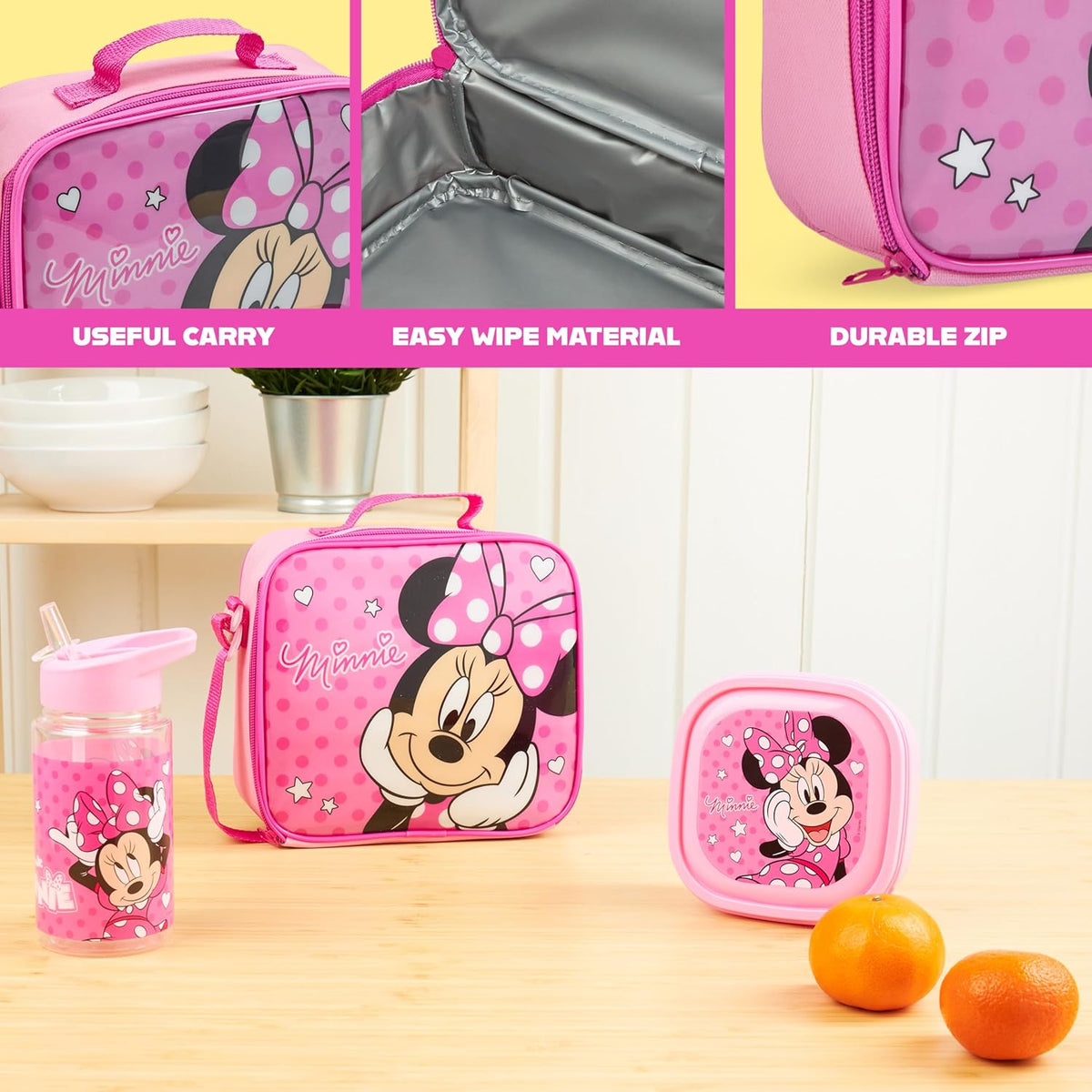 Get Trend Disney Minnie Mouse Kids Lunch Bag Set 3 Pc with Leak Proof Water Bottle and Small Lunch Box Insulated for School Daycare Travel (Minnie Mouse)