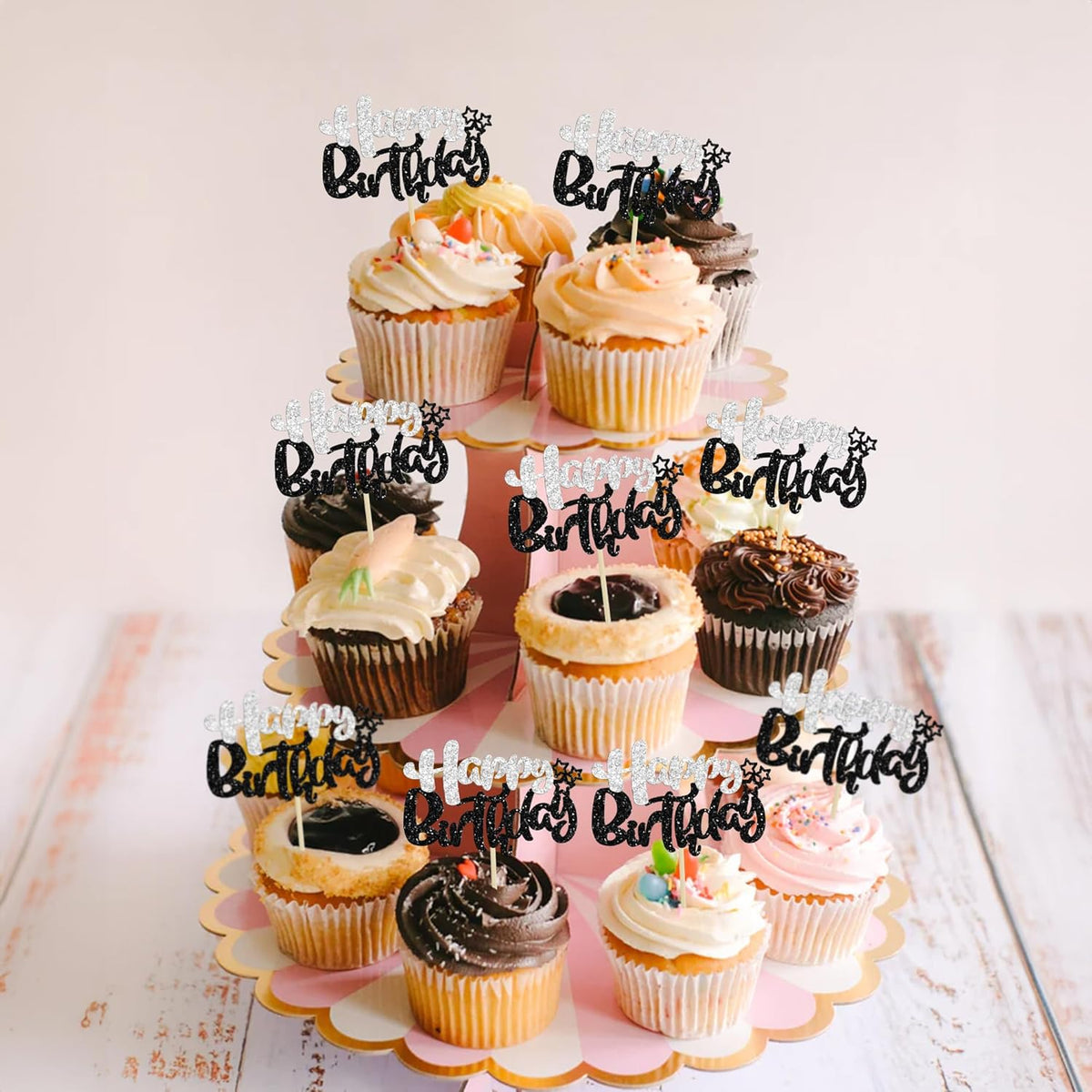 Ephlyn 24Pcs Happy Birthday Cupcake Toppers - Black Silver Glitter - Double Layer - Perfect for Birthday, Baby Shower & Anniversary Parties