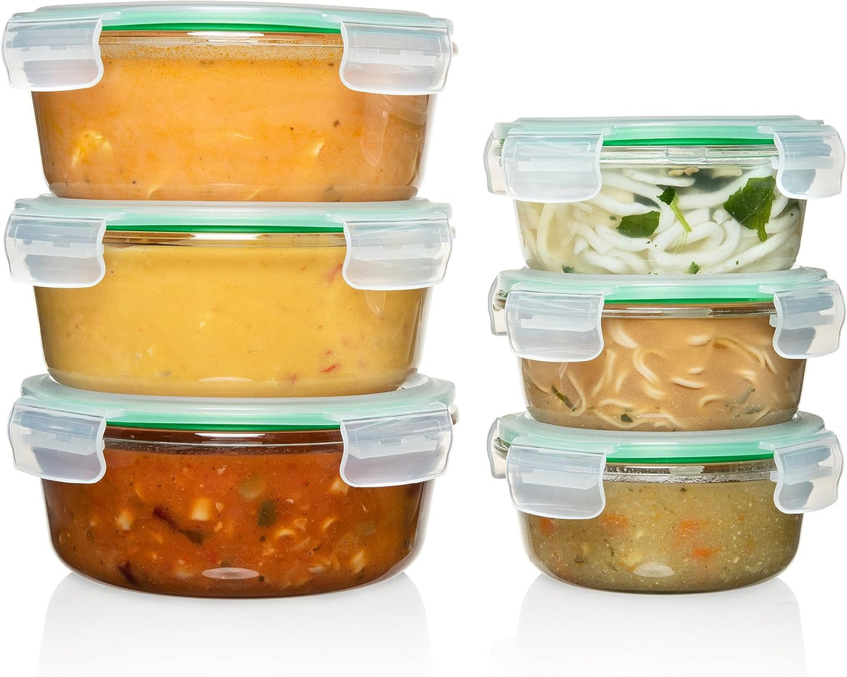 Fusion Gourmet Round Glass Storage Containers with Lids [6 pack] Microwave Safe, Leak-proof, Dishwasher Safe, Oven Safe for Meal Prep Tupperware Set (3 Large + 3 Small, Green)