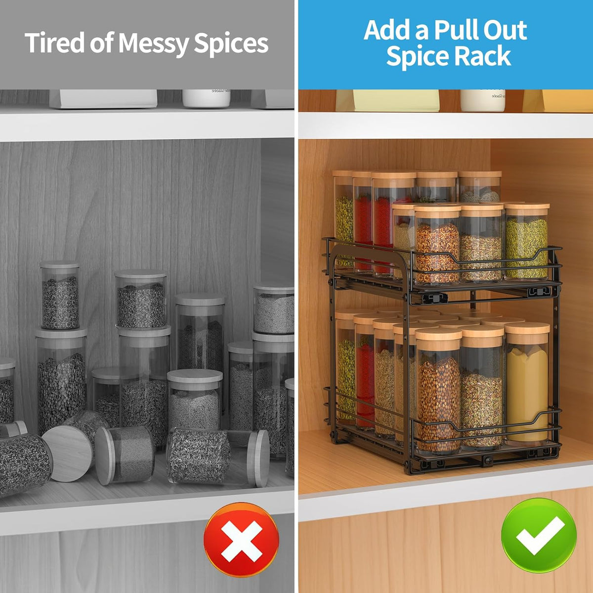 2-Tier Spice Rack, Pull Out Spice Racks Organizer for Cabinet, Height Adjustable Heavy Duty Metal Basket for Inside Cabinets & Pantry Closet (7.5''Wx10.5''Dx9.5''H)