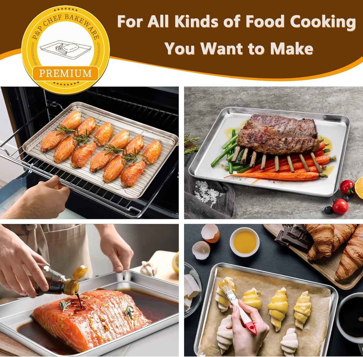 P&P CHEF 12.5 Inch Baking Sheet Pan with Rack Set, Stainless Steel Cookie Sheet Pan Tray with Cooling Rack for Oven Use, Cooking Roasting, Non Toxic & Dishwasher Safe, Heavy Duty