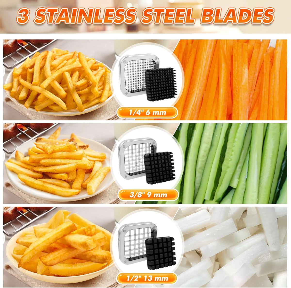 Anatole Professional French Fry Cutter Stainless Steel with 1/4'' 3/8'' 1/2'' Blades Manual Potato Slicer Veggie Chopper Homestyle Dicer for Onions Carrots Cucumbers