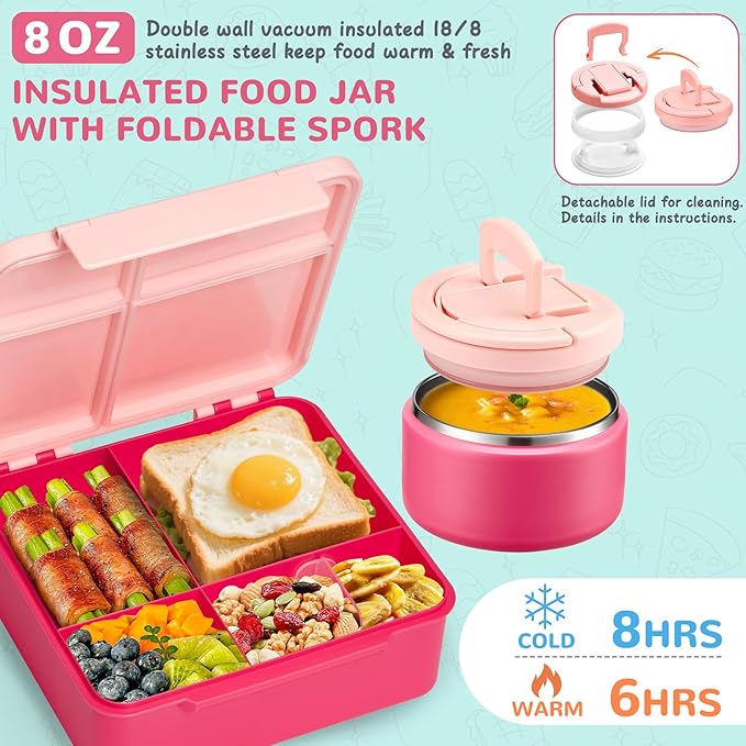 MAXSO Bento Lunch Box Set with 8 oz Soup Thermo, Kids Leakproof 4 Compartments Hot Food Container with Sauce Cup, Ice Pack and Lunch Bag, Child Insulated Food Jar for School - Pink