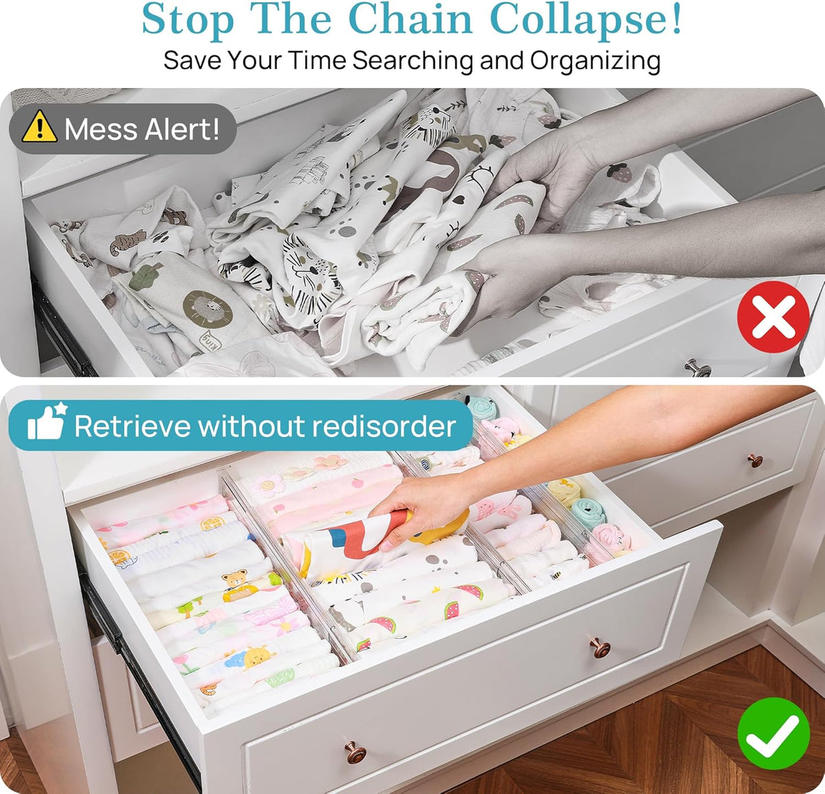 Vtopmart 4 Pack 4" Regular Upgrade Drawer Dividers for Clothes, 12.8"-22.3" Expandable Dresser Drawer Organizer, Clear Plastic Separators for Dresser, Baby Clothing, Underwear, Cosmetic, Toiletries