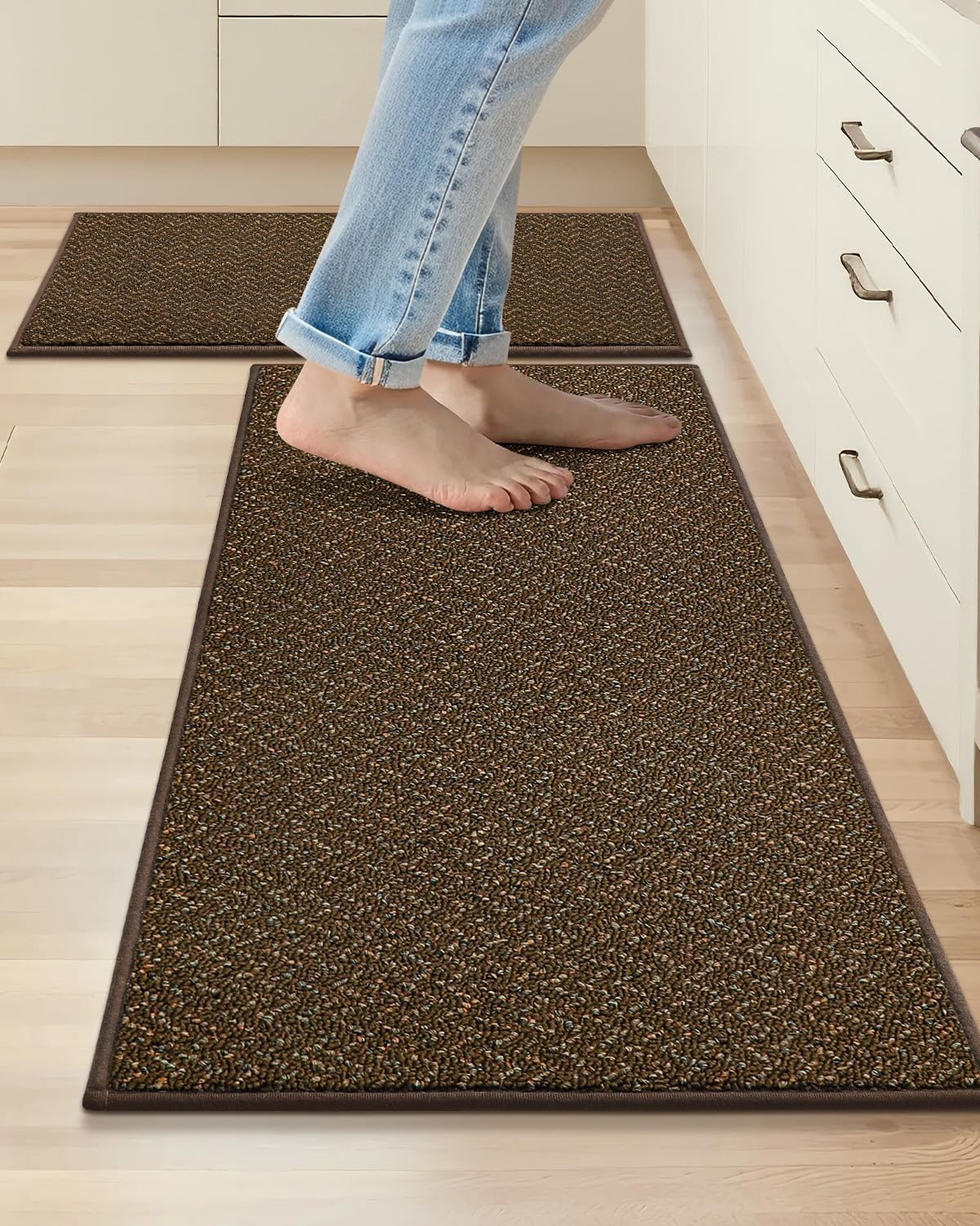 COSY HOMEER Kitchen Rugs and Mats 2PCS Non Slip Kitchen Mats for Floor Washable Stain Resistant Kitchen Runner Rug Sets Absorbent Kitchen Floor Mat 20"x32"+20"x48",Brown