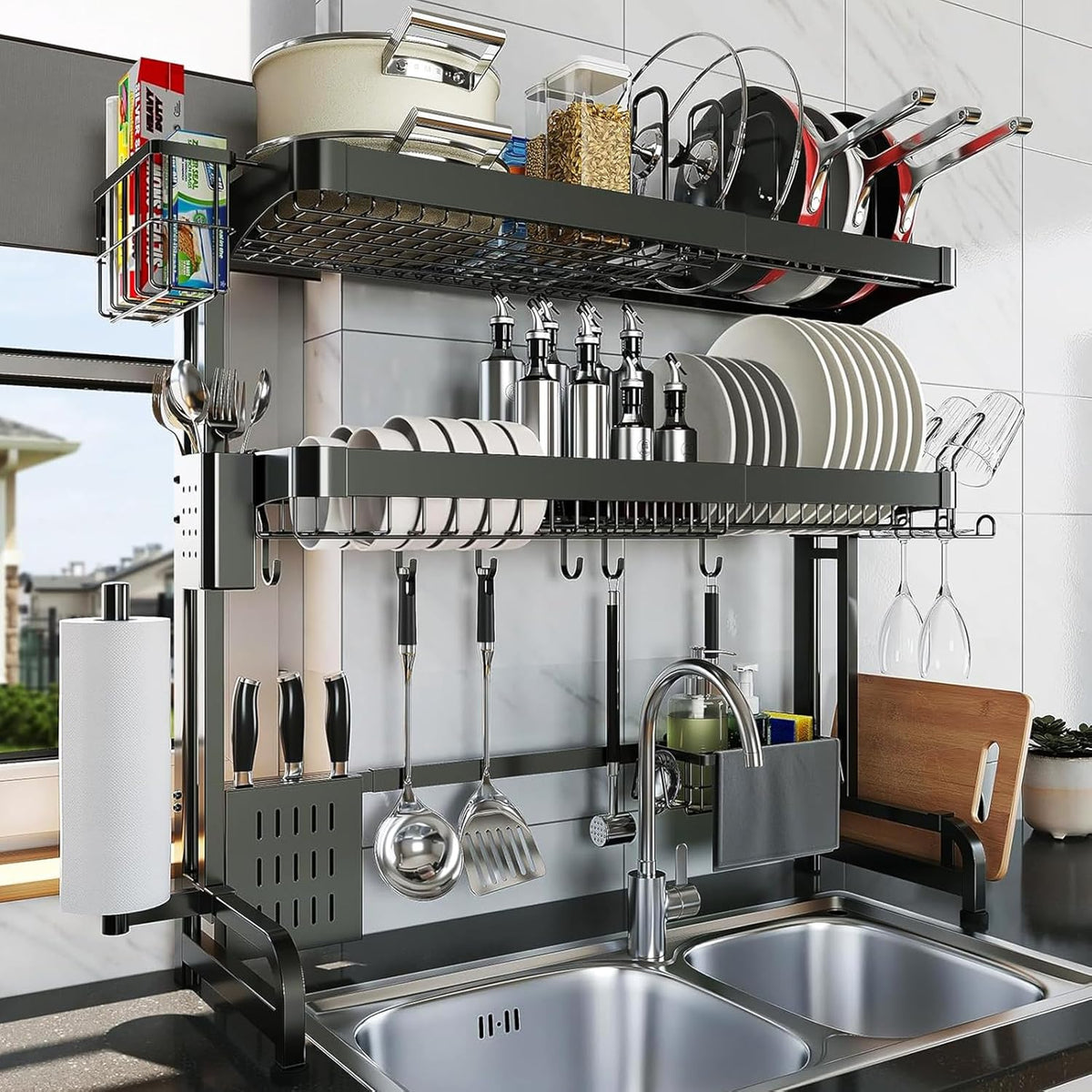 Over The Sink Dish Drying Rack,3 Tier Adjustable Length Full Stainless Steel Large Storage Kitchen Dish Rack,for Kitchen Counter Expandable Multifunctional Organizers,Silver (25.5'' to 37.6'')
