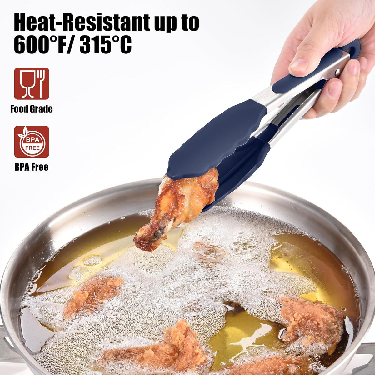 Doosu Kitchen Tong for Cooking: 600°F Heat-Resistant Silicone Food Tong, Stainless Steel Locking Tongs for BBQ (7in, Blue)