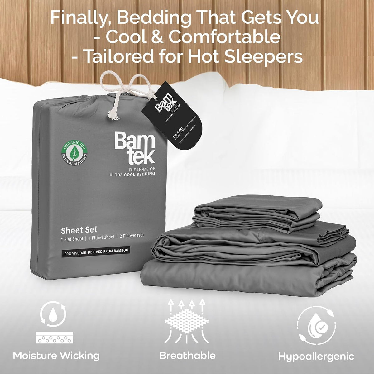100% Viscose from Bamboo Sheets Queen Size, Super Soft Bedding Set, 4PC Cooling Sheets for Hot Sleepers, Vegan Silk Moisture Wicking, Organically Grown Bedsheet, Steel - 60" x 80"