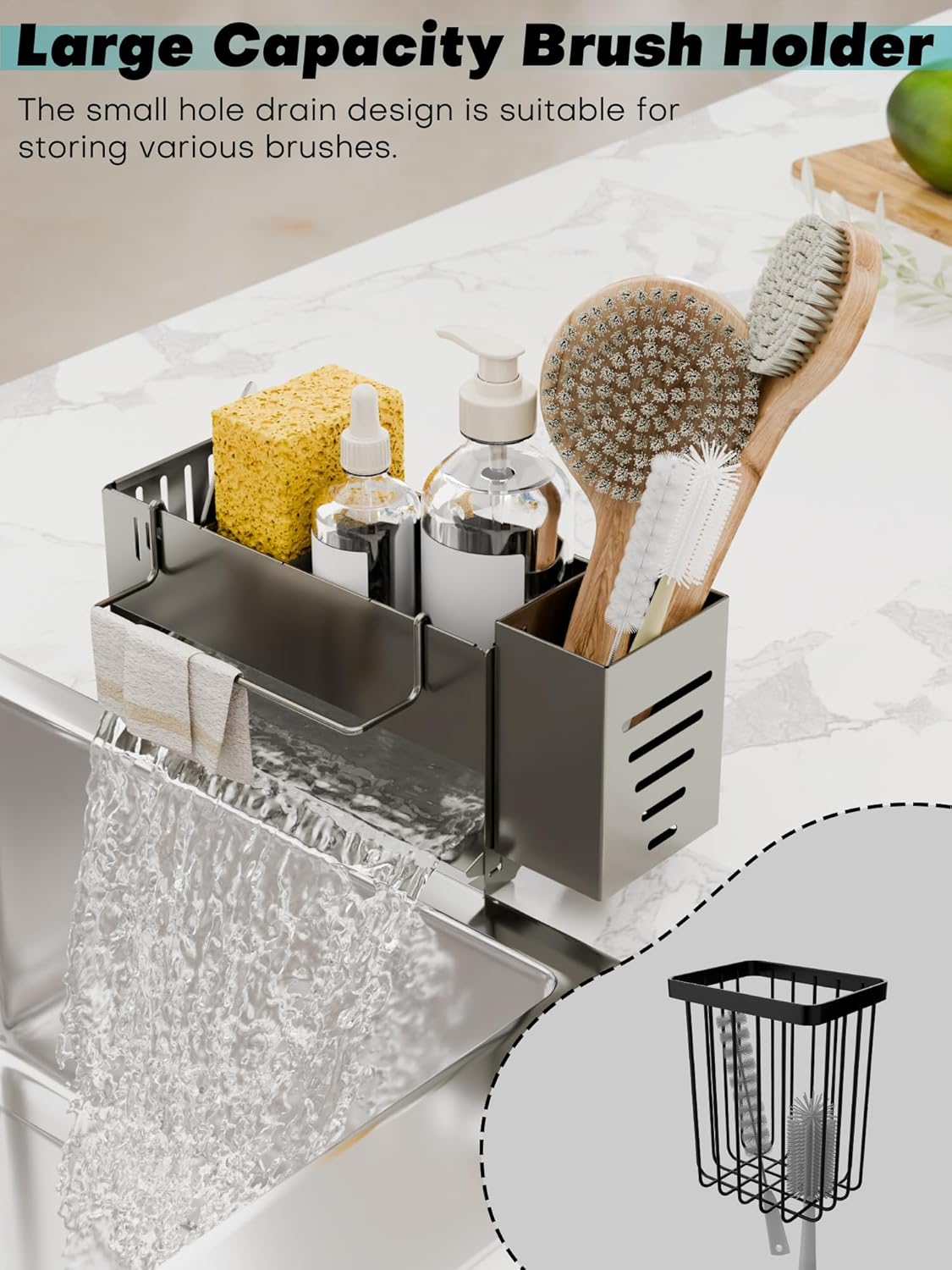 Sponge Holder for Kitchen Sink, Space-Saving Sink Caddy with Brush Holder, Kitchen Countertop Organizers and Storage Essentials