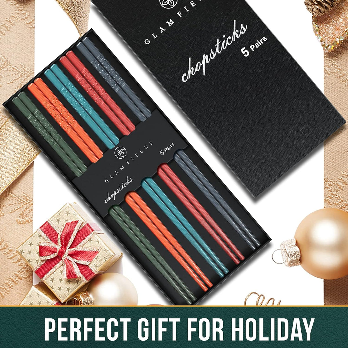 Chopsticks, GLAMFIELDS 5 Pairs Premium Reusable Multicolour Chopsticks for Sushi Japanese Matte Anti-slip Chop Sticks with Gift Case Lightweight Dishwasher Safe, 9.6 Inch