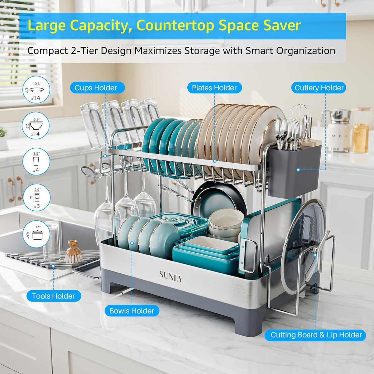 SUNLY Large Dish Drying Rack, Multipurpose 2 Tier Dish Racks for Kitchen Counter, 304 Stainless, Extra Large Drain Board