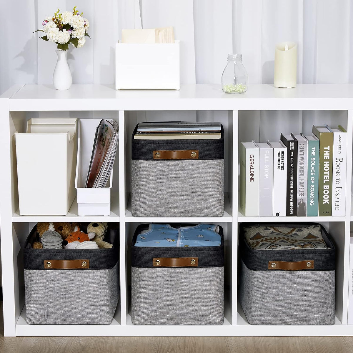 DULLEMELO Canvas Storage Bin with Handles, Fabric Bins for Shelves, Bedroom, Office,Nursery,Fabric Storage Baskets for Toys, Clothes,Gift(Black&Grey,15"x11"x9.5",4-Pack)