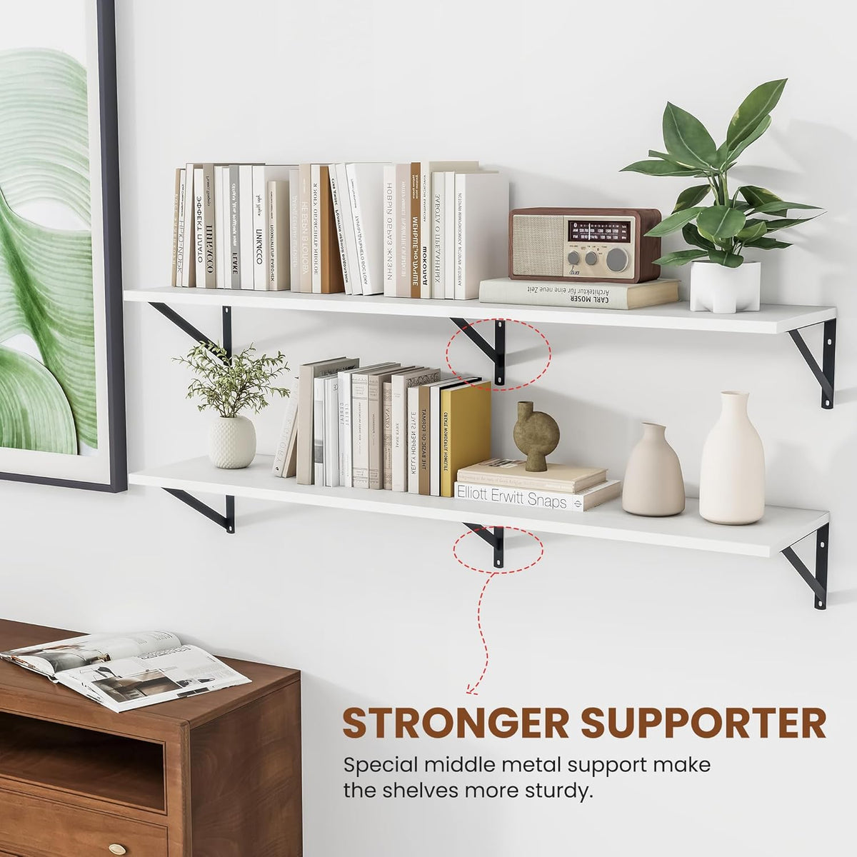 Heimlove White Deep Floating Shelves for Wall, 48W x 12D Wood Wall Shelves Set of 2, Wide Floating Bookshelf for Living Room, Kitchen, Office, Bedroom and Decor Storage, with Black Bracket - White