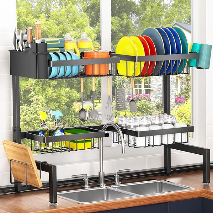 YKLSLH 4 Baskets Over The Sink Dish Drying Rack, Extendable Large Capacity Sink Rack, Metal Drying Rack Saving Space,for Most Sinks (26.57"-35")
