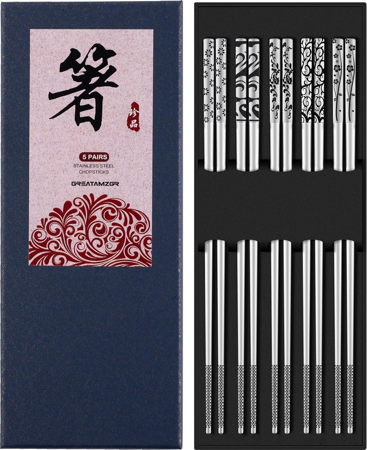 Metal Chopsticks Reusable 316 Stainless Steel Chopsticks Multipack Dishwasher Safe Chop Sticks Square Fancy Laser Engraved Non-slip Korean Chopstick for Cooking Eating 9.45 Inches 5 Pairs Gift Set