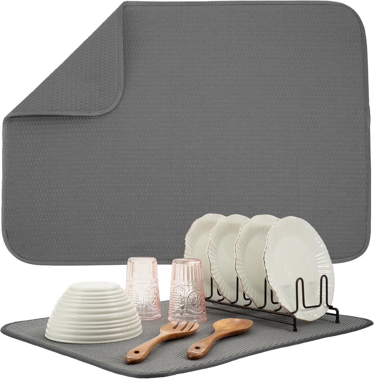 S&T INC. Dish Drying Mat XL, 18” x 24”, Absorbent Microfiber Kitchen Counter Mat, Drying Pad for Dishes, Utensils, Pots and Pans, Extra Large, Diamond Texture, Grey