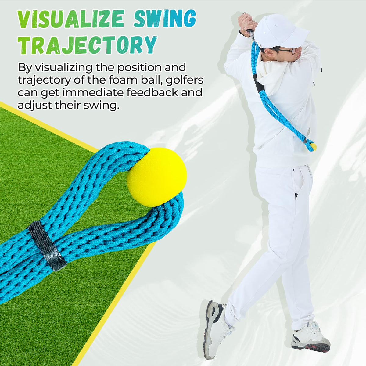 Cusprtm Golf Swing Trainer Rope with Molded Training Grip – Hand Position Corrector for Beginners – Golf Rope Aid for Tempo & Rhythm – Indoor Golf Practice Rope with Soft Safety Head (Blue-RH)
