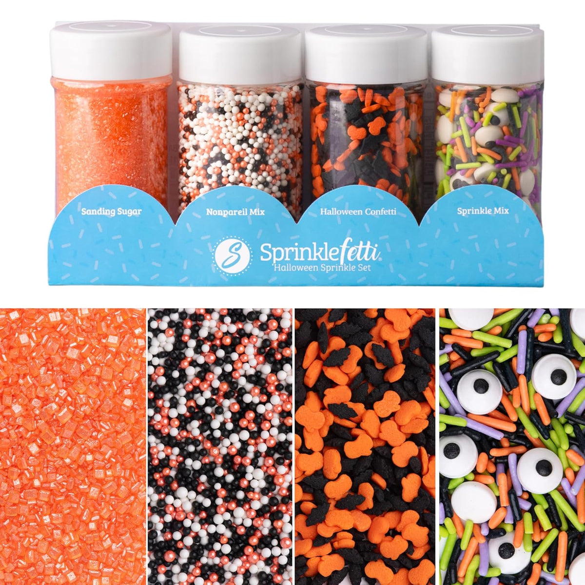 Sweets Indeed Sprinkles, Halloween Sprinkles, Candy Eyeballs, 4 Pack, 10.90 ounces, Edible Sprinkle Mix, Perfect for Cake Decorations, Baking, Ice Cream, Cookies, Cupcake Topper, 10.90 ounces (Halloween)