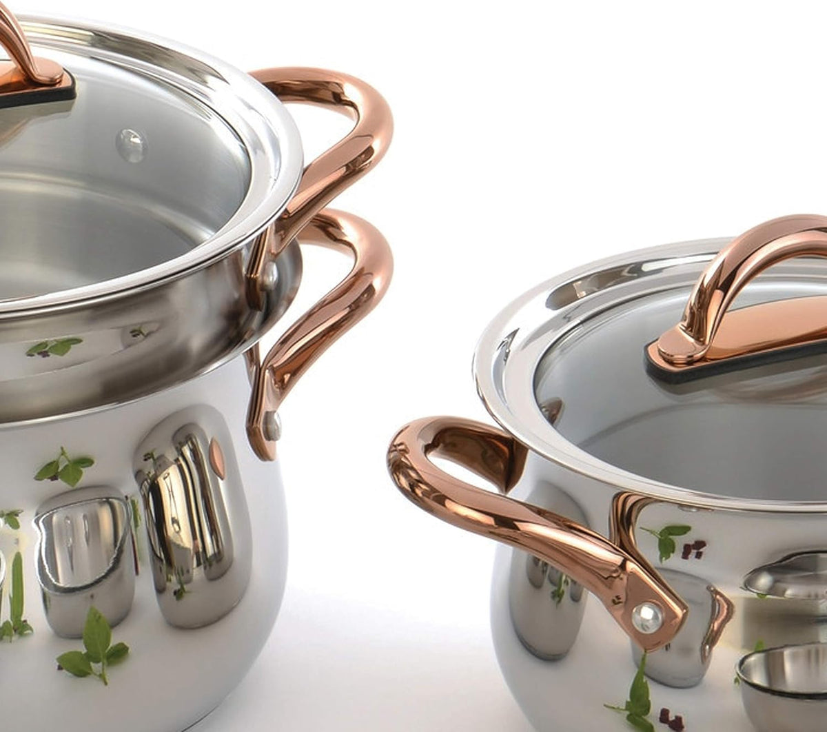 BergHOFF 11 Piece Ouro Cookware Set with Gold Handles and Glass Lids, Silver/Rose