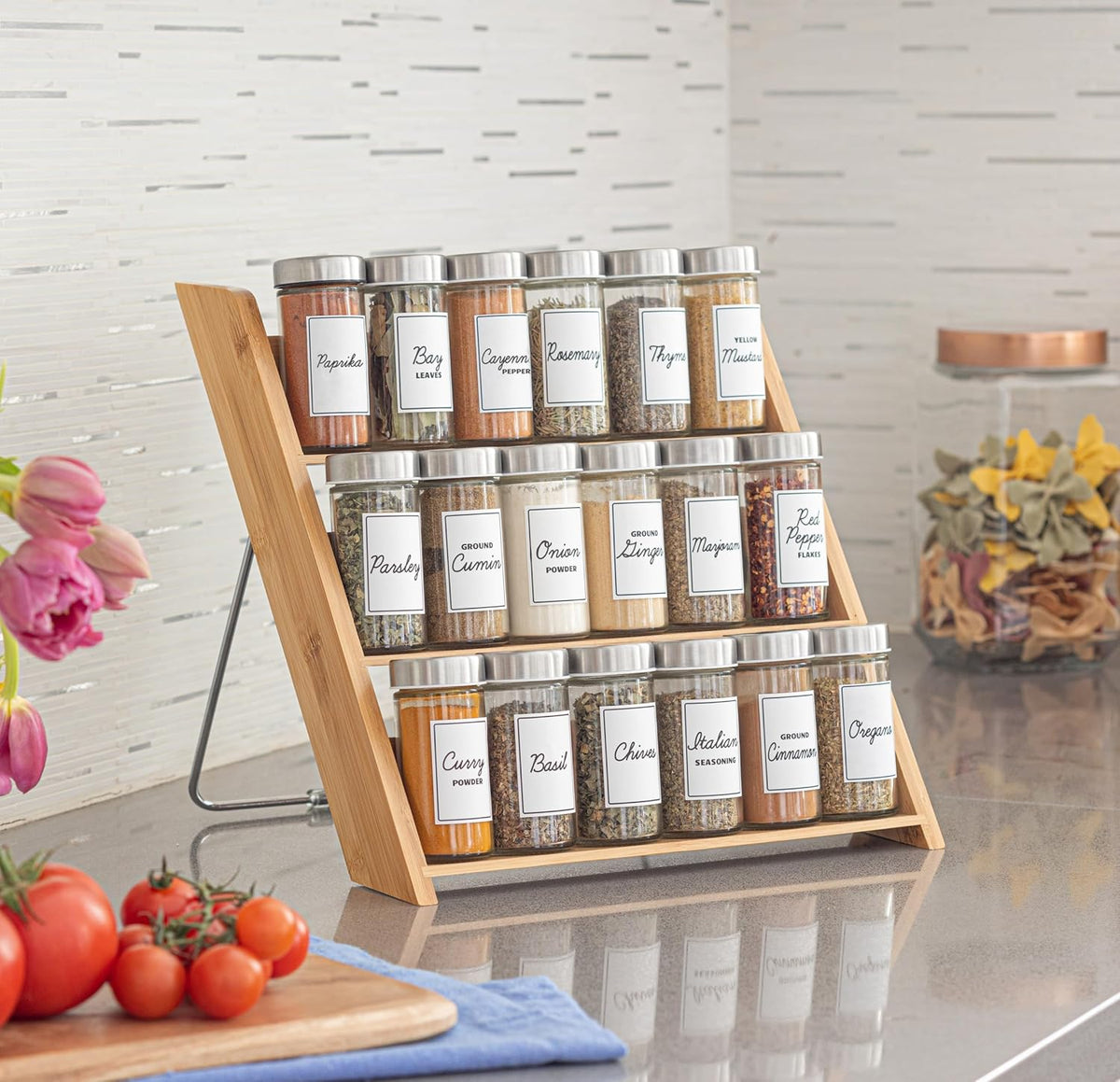 Orii 18 Jar Bamboo Compact Spice Organizer for Countertop and Kitchen Drawer, Filled with Spices, Program