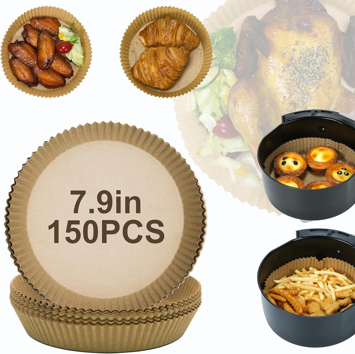Air Fryer Disposable Paper Liners 150pcs 7.9 inch Round Non-Stick Airfryer Parchment Paper Liner for Baking Roasting Fit 5-8 QT