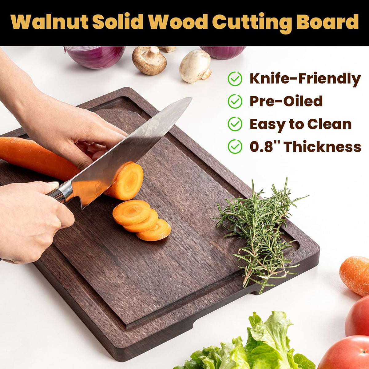 Heimlove American Walnut Cutting Board, 12" x 8" Wooden Cutting Boards for Kitchen Reversible Wooden Chopping Board With Juice Grooves and Handles Pre-Oiled, Ideal Gift for Valentine's Day, Weeding