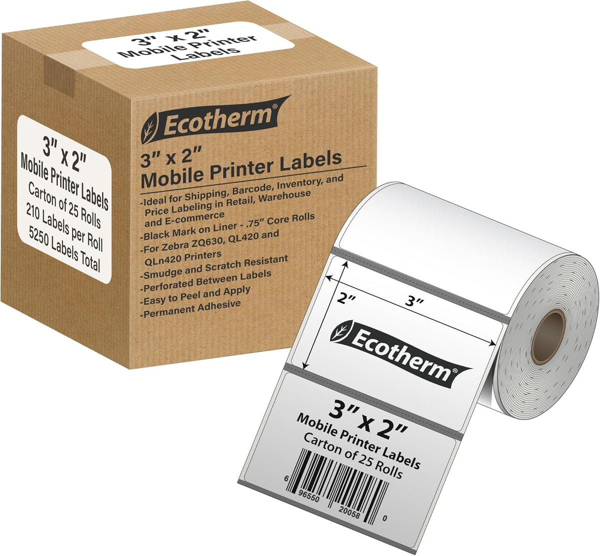 3" x 2" Mobile Printer Labels | 25 Rolls | 5250 Labels | fits Zebra ZQ630, QL420, QL320 and QLn420 Printers | Black Mark On Liner | .75" Core Rolls | by Ecotherm